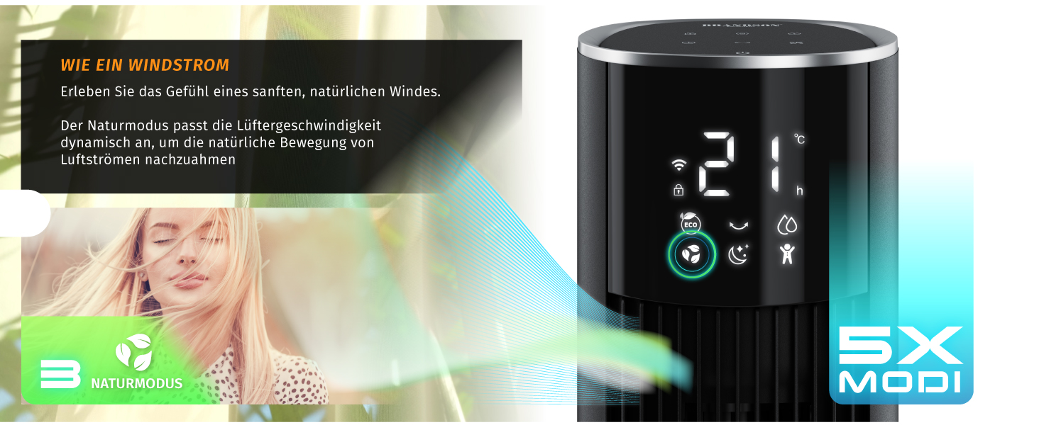 Вентилятор Tower Brandson ECO GREEN з водяним охолодженням, Wi-Fi, управління Alexa – мобільний кондиціонер, чорний