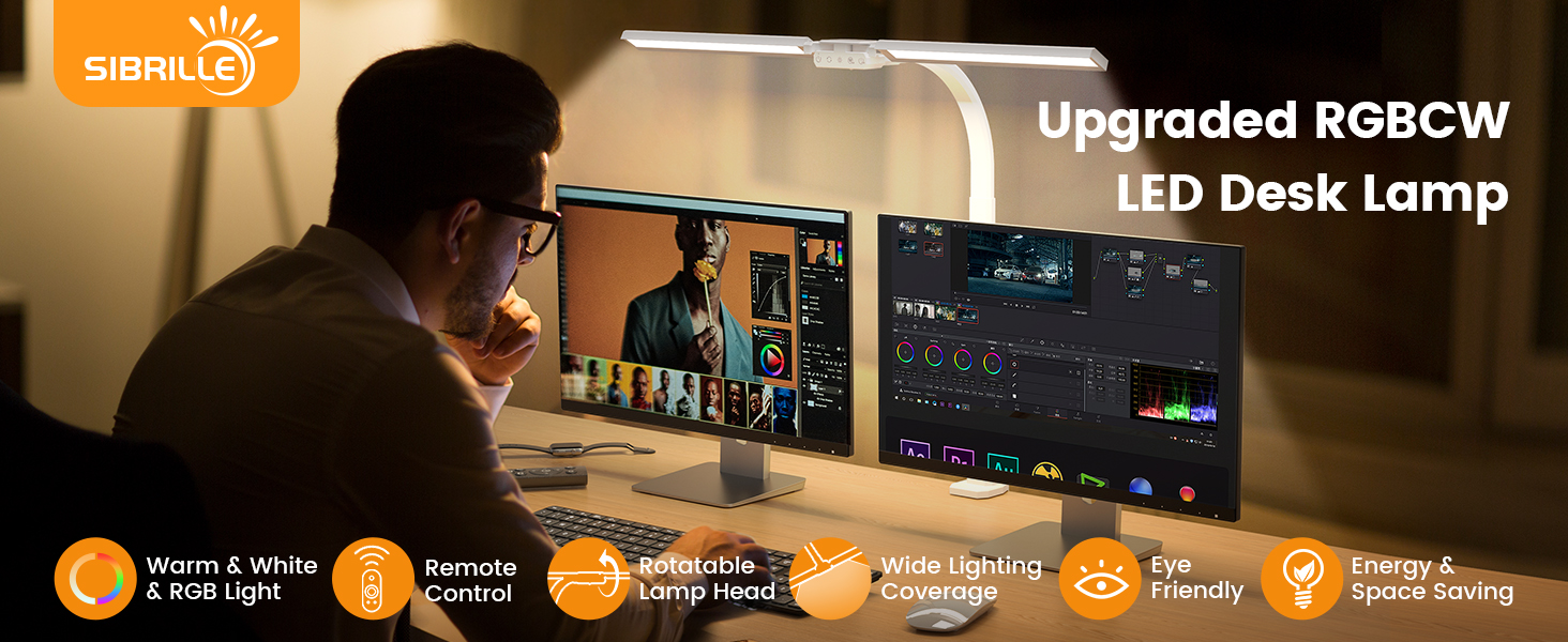 SIBRILLE Dual-Head LED Desk Lamp - Adjustable, Dimmable, Eye Protection, RGB - for Office, Home, and PC Use