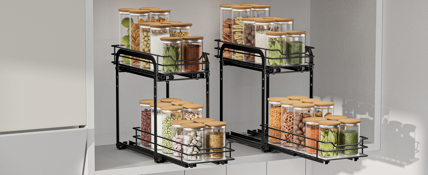AIRUJIA Pull-Out Spice Rack, 2-Tier Dish Cabinet Organizer, Spice Rack Cabinet, Spice Rack, Lift-Up Bathroom Sink Shelf, Spice Organizer for Kitchen, L26.4*W23.2*H23CM