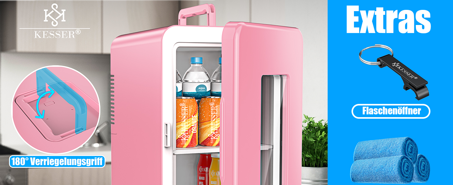 KESSER® Міні холодильник-термобокс 15L 2в1: охолодження та нагрівання, AC/DC, для авто, офісу, дому, кемпінгу (рожевий)