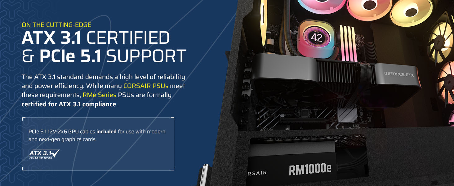 Блок живлення Corsair RMe Series RM1000e 1000W ATX 3.1 PCIe 5.1, Cybenetics Gold, повністю модульний