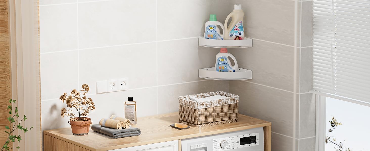 Поличка для душу без свердління, кутова, з нержавіючої сталі, з алюмінію - 2 шт., самоклеюча, для ванної кімнати, 8 кг на полицю, білий