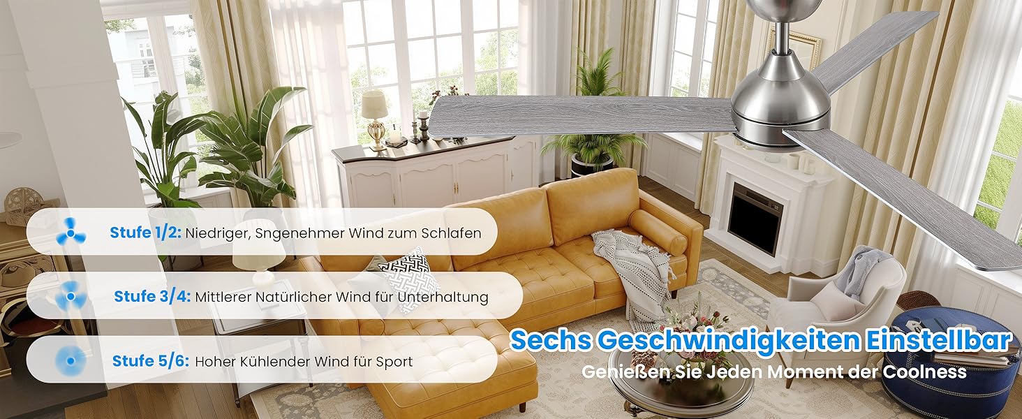 Стеляний вентилятор CJOY з підсвічуванням, 107 см, з пультом керування, тихий, DC, реверсивний, пам'ять 3CCT, диммування, 6 швидкостей, таймер для спальні (132 см - срібний)