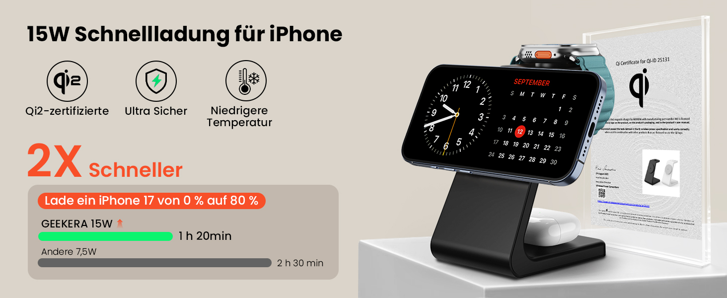 Зарядний пристрій GEEKERA 3 в 1 з підтримкою Qi2, 15W, для iPhone, Apple Watch, AirPods, чорний