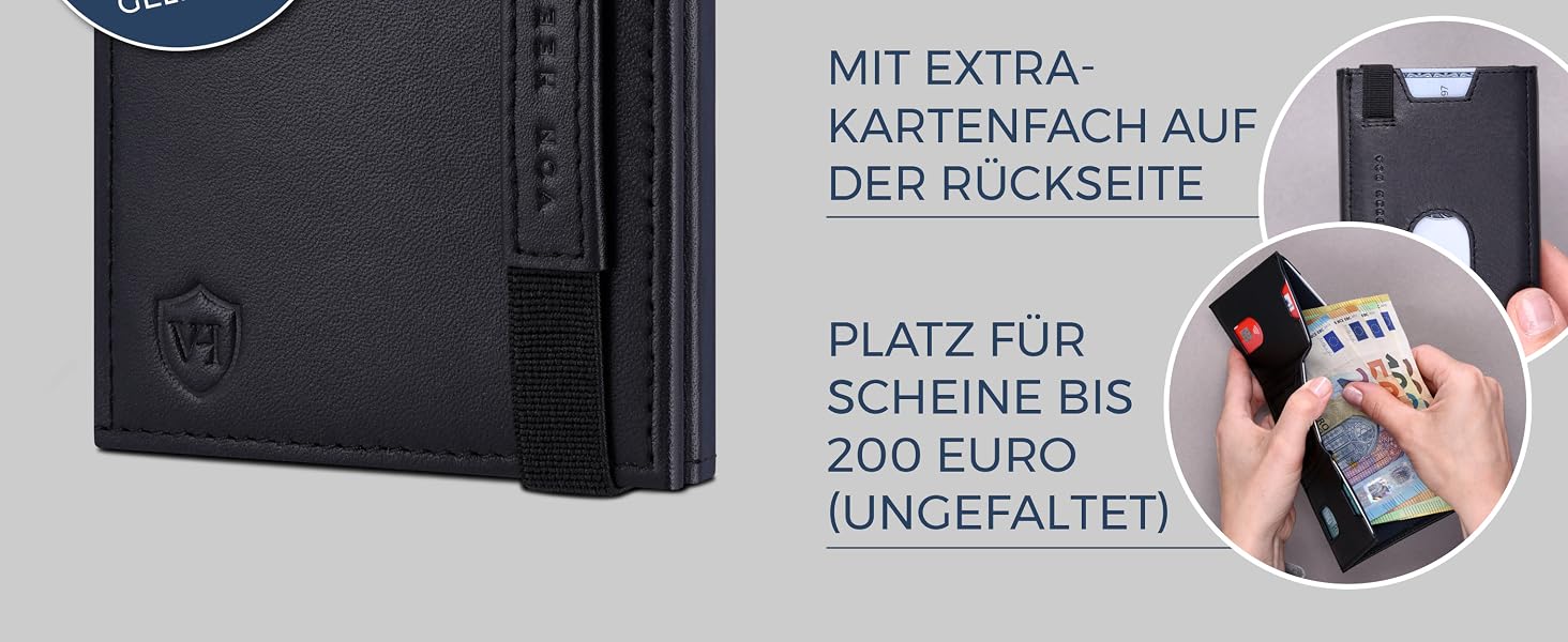 Шкіряний тонкий гаманець VON HEESEN з RFID-захистом, компактний картхолдер для чоловіків та жінок, чорний (гладка шкіра, без монетниці)