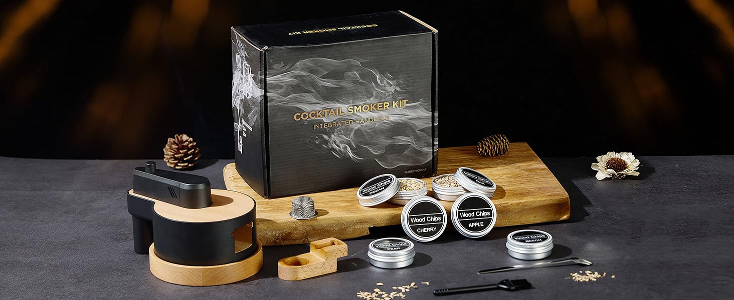 Набір для копчення віскі: 6 видів тирси, дубовий smoker з основою, 2 металеві фільтри, комплект для віскі та Old Fashioned, подарунок для чоловіків (без бутану)