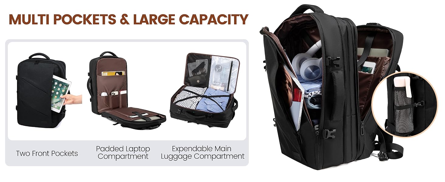 Рюкзак LOVEVOOK 30-40L для подорожей, чорний, з відділенням для ноутбука 17.3 дюйма, антикрадійний, ручна поклажа, розширюваний
