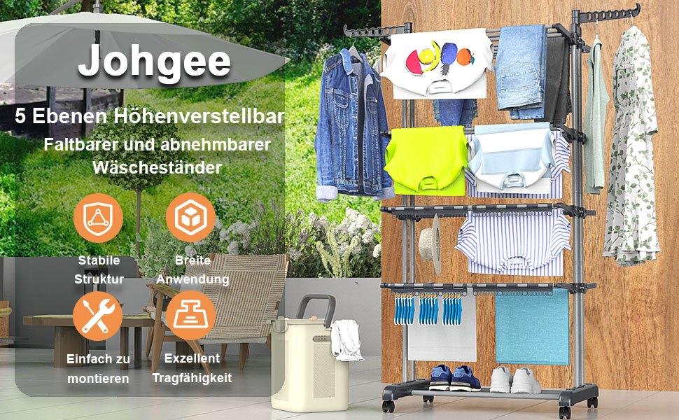 Вертикальна сушарка для білизни Johgee на 5 ярусів, розкладна сушарка-вежа з колесами, регулюванням висоти, 8 крилами та затискачами для шкарпеток, нержавіюча сталь, для дому та вулиці
