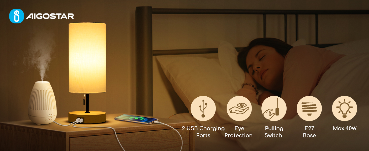 Настільна лампа Aigostar з 2 USB-портами, вимикач, металевий цоколь, сірий колір. Сучасна лампа для спальні, вітальні, дитячої кімнати та робочого столу.