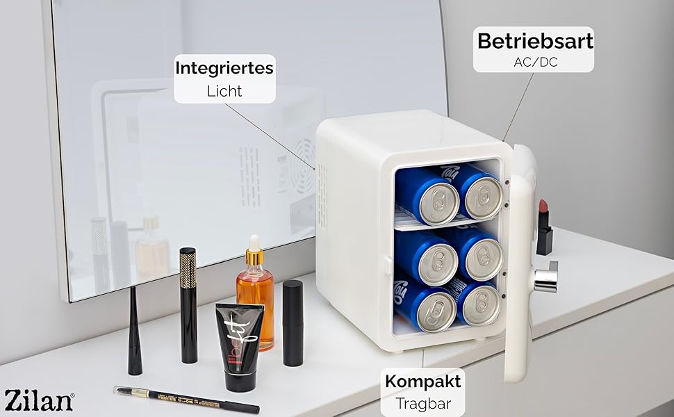 Zilan 2в1 Міні-холодильник: охолодження та підігрів, 4 літри, з підсвіткою. Косметичний холодильник для макіяжу та догляду. Компактний кухонний холодильник