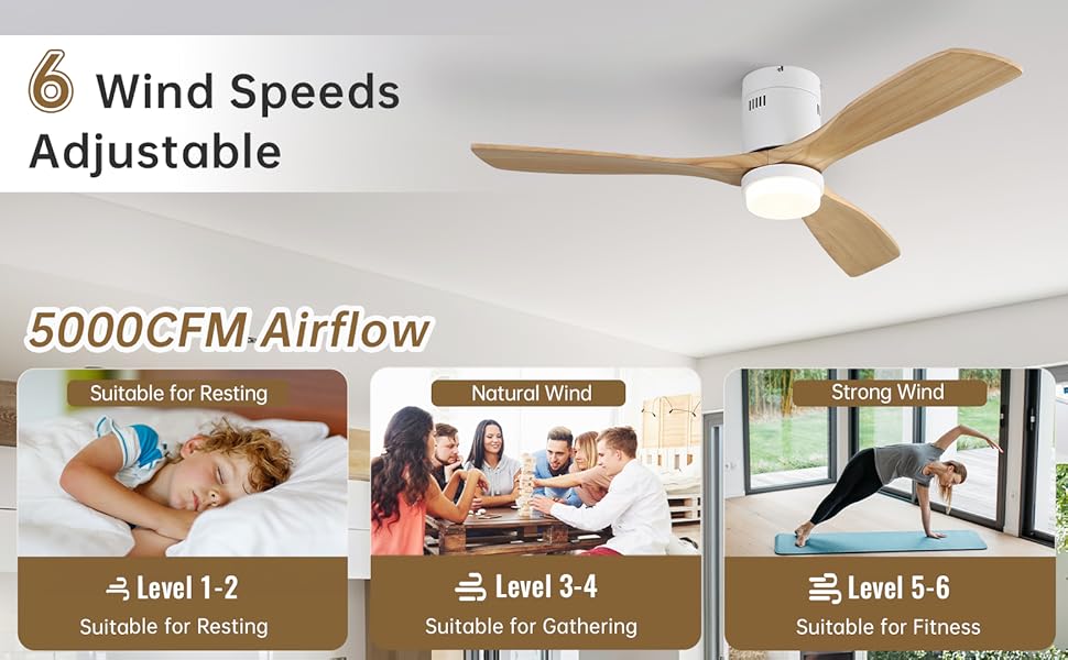Стеляний вентилятор Sofucor з дистанційним керуванням, дерев'яний з 3 лопатями, 132 см, тихий, 6 швидкостей, таймер, DC двигун, літньо-зимовий режим, для спальні (з підсвічуванням та кріпленням Flush Mount, натуральне дерево)