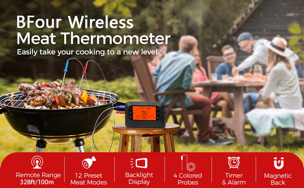 Бездротовий термометр для гриля BFOUR з Bluetooth, 4 нержавіючі щупи, цифровий м'ясний термометр з таймером, сигналом та керуванням через додаток