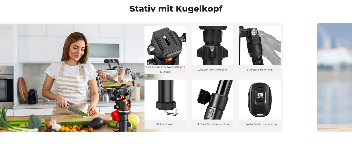 Штатив K&F Concept S255A3+BH-36, 190 см, для камери/DSLR/Camcorder, з тримачем для смартфона/планшета, чорний