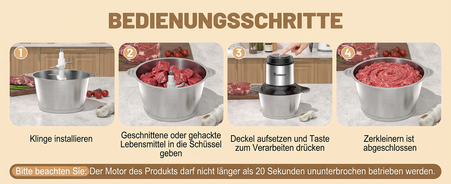 Електричний подрібнювач для кухні 2L з нержавіючої сталі. Подрібнювач для м'яса, овочів та цибулі з 4 лезами.