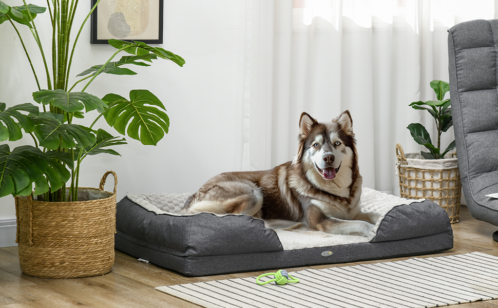 PawHut Софа для собак та котів, сіра, 90x78x25 см, з підголівником та дерев'яними ніжками