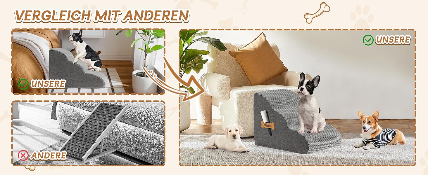 Сходинка для собак та котів ROMROL 3 сходинки - сіра, з неслизьким покриттям, з високощільним пінополіуретаном, для допомоги при входженні на диван та ліжко, захист суглобів