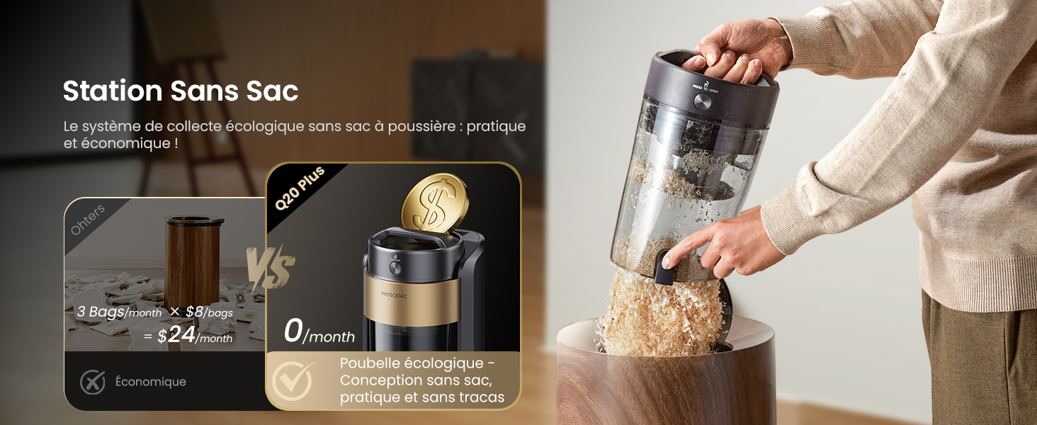 Робот-пилосос Proscenic Q20Plus з функцією миття, 10000Pa, 200хв, бездротовий, з автоматичним випорожненням, 3-в-1 для шерсті тварин, килимів та твердих поверхонь, чорний