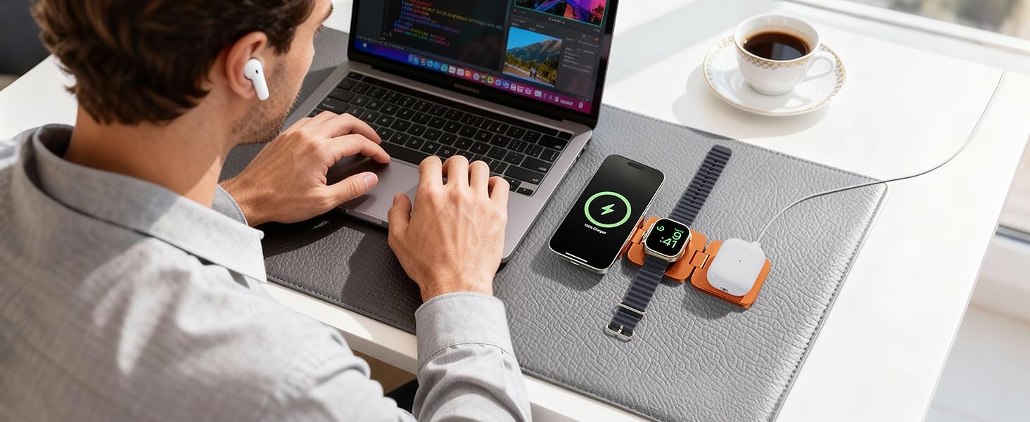 Зарядний пристрій 3-в-1 LULULOOK Ultra Kompakt Qi2.2 25W, MagSafe для iPhone 17/16, Apple Watch, AirPods, GaN 45W, помаранчевий