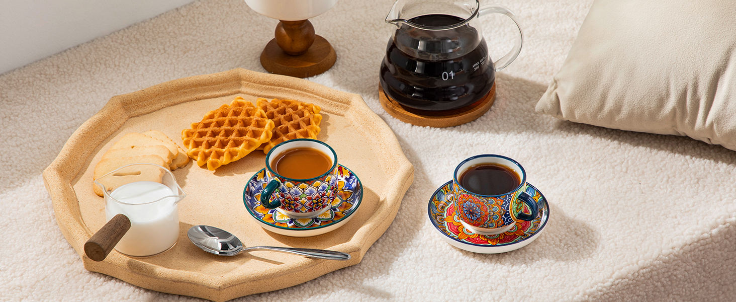 Набір чашок для еспресо Vancasso 4 шт., 150 мл SIMI, з підставками та стійкою, керамічні, для капучіно, еспресо, лате