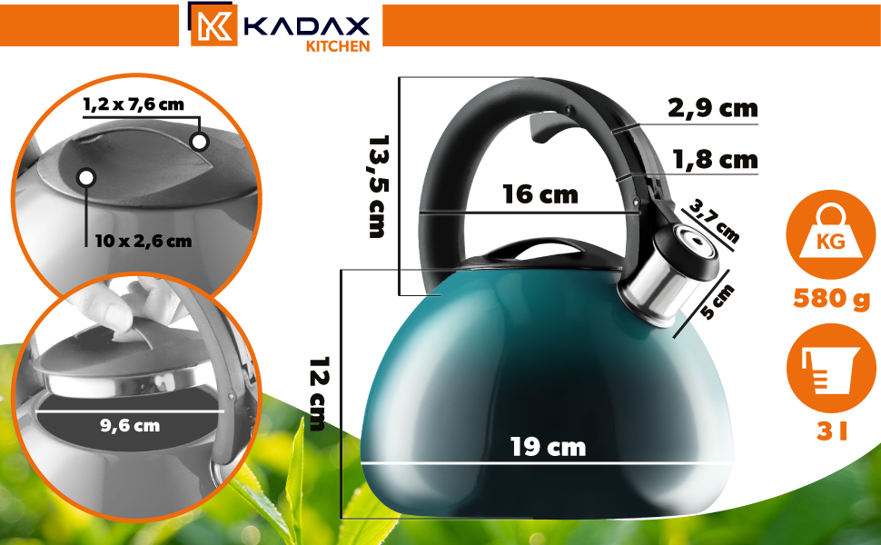 Чайник KADAX з нержавіючої сталі, 3л, з свистком, ретро-дизайн, блакитний