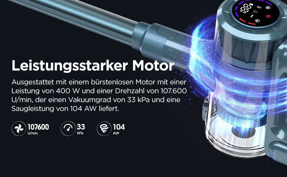 Бездротовий пилосос з HEPA-фільтром, 120 000 об/хв, до 50 хв роботи від акумулятора, LED-дисплей, антизаплутана щітка, 400W