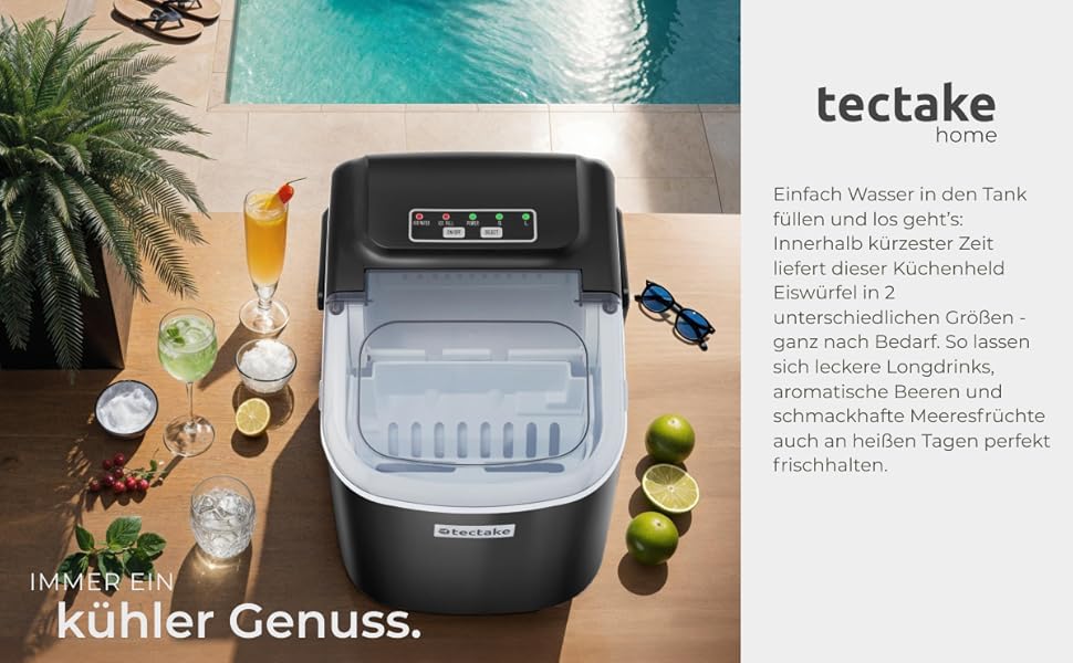 Машина для приготування льоду tectake® - швидке та зручне приготування льоду для дому та бару, чорний колір, 1,2 л, 12 кг/24 год, 2 розміри кубиків льоду, самоочищення, з лопаткою