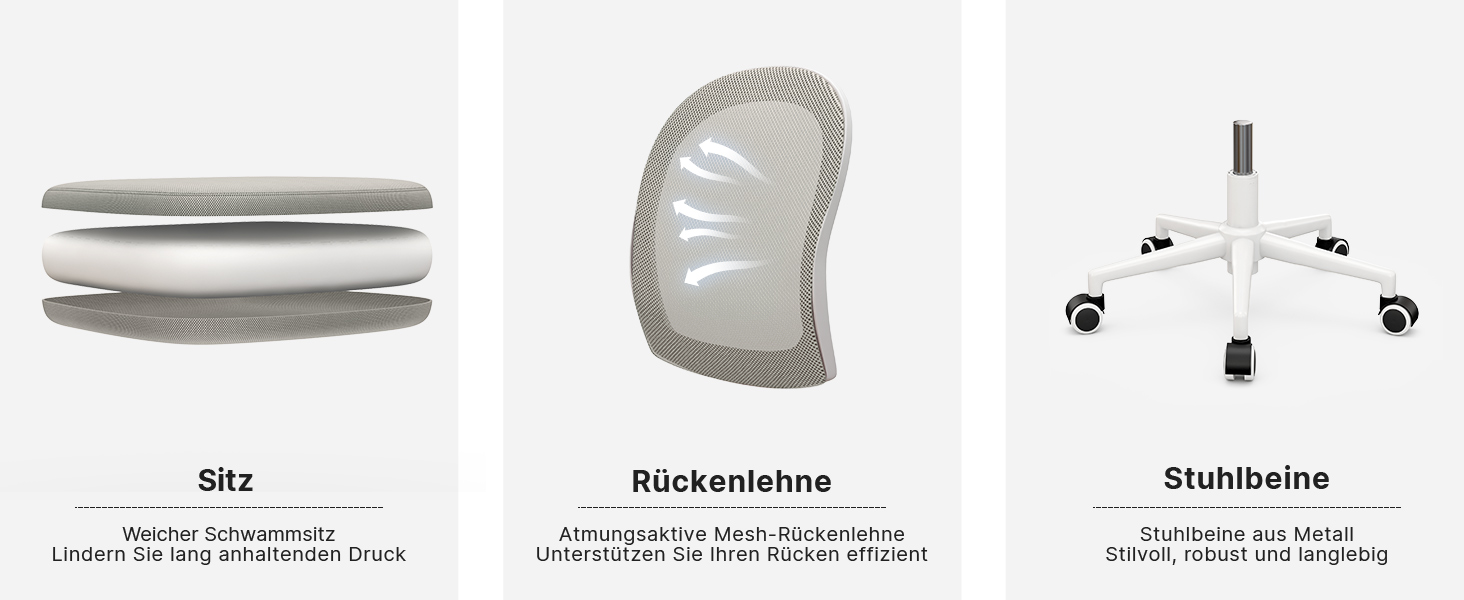Ергономічне крісло Rattantree для офісу та дому: дихаюча спинка, регульована висота, підйомні підлокітники, 360° обертання, сірий колір, без підніжки