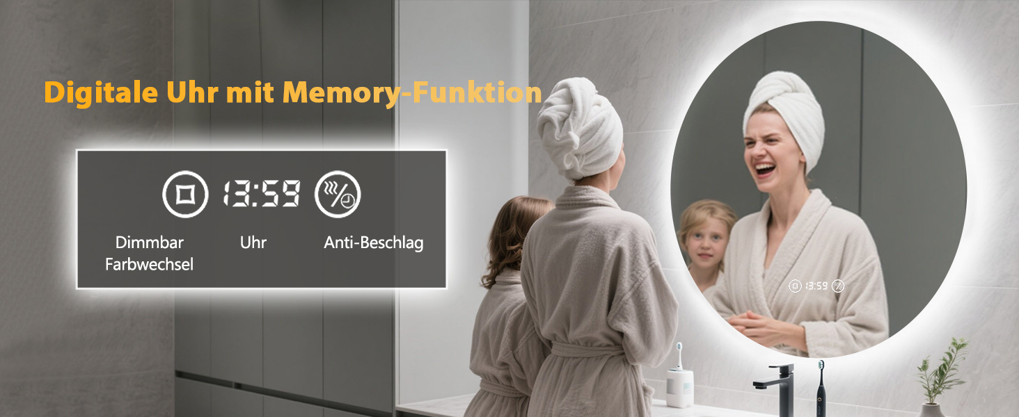 Дзеркало для ванної кімнати з підсвічуванням 70 см, LED дзеркало для ванної з підсвічуванням, 3 кольори світла, антизапар, регульована яскравість, сенсорне керування, функція пам'яті, кругле, водонепроникність IP44, 60x60 см