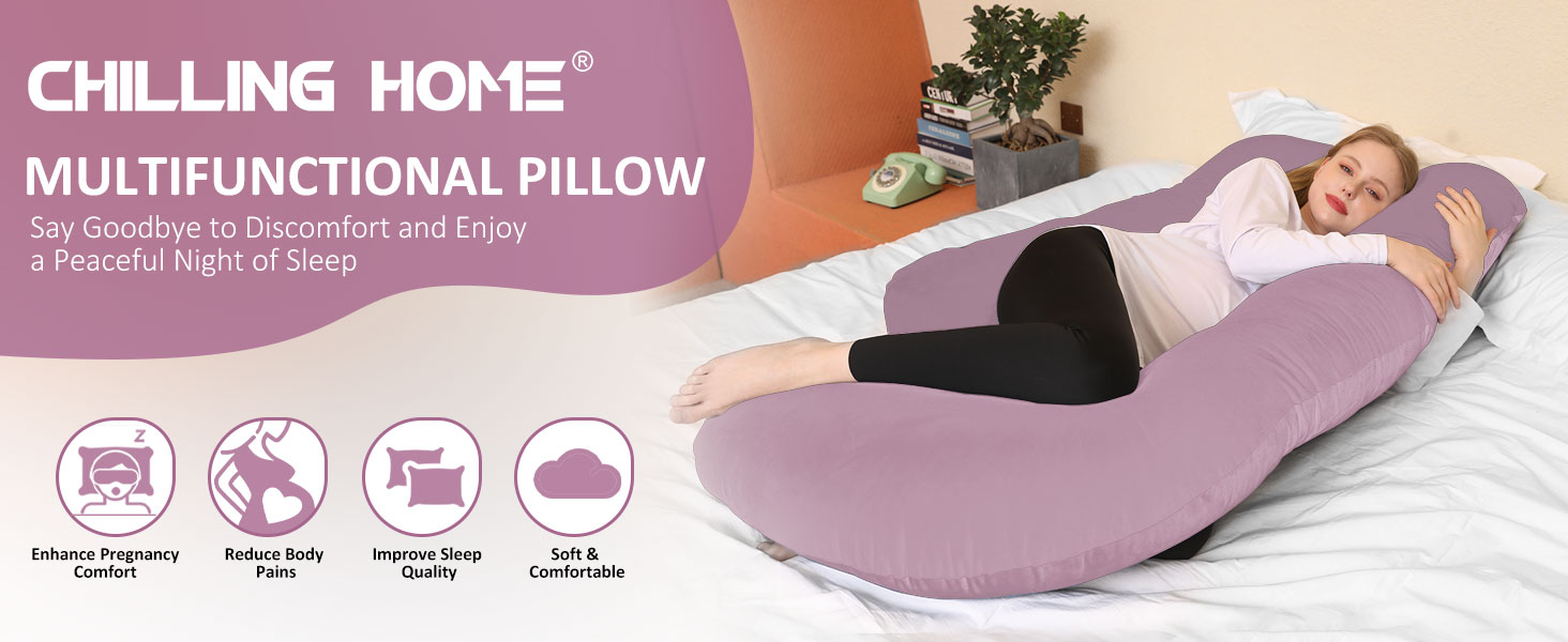 Подушка для вагітних Chilling Home J-подібної форми, подушка для тих, хто спить на боці, подушка для годування, велика подушка для підтримки, подушка для жінок та тих, хто спить на боці (рожевий, сірий)