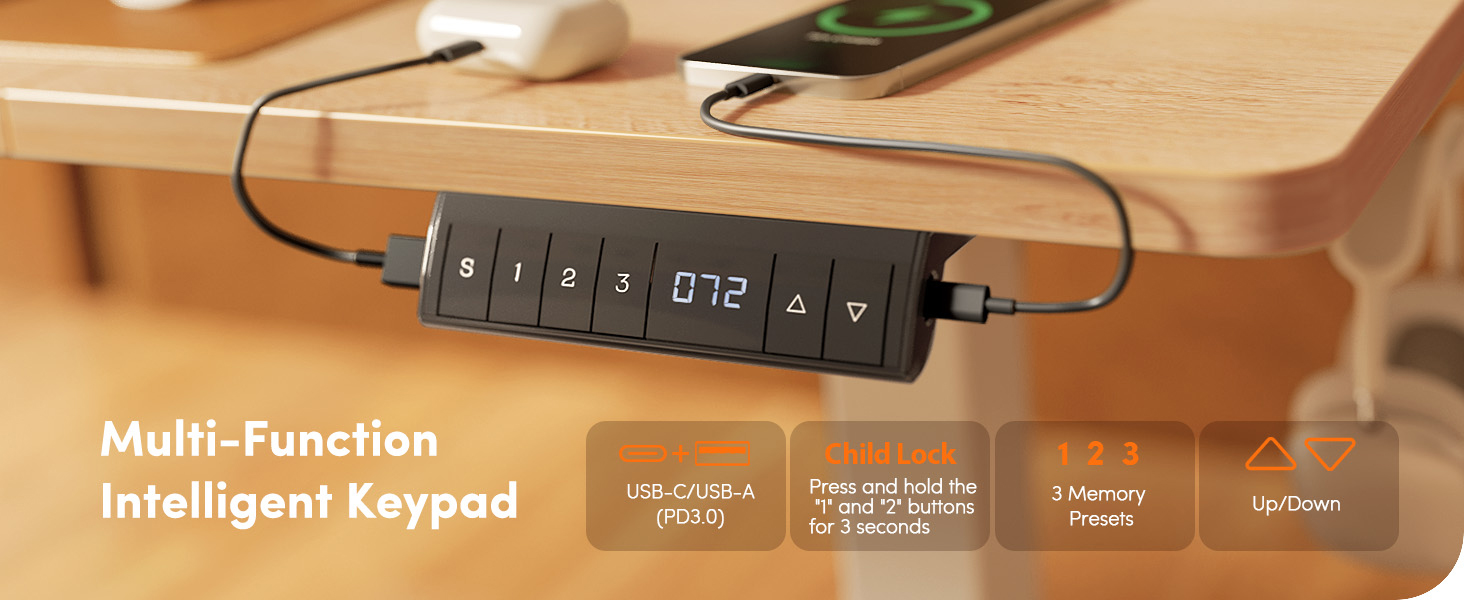 Регульований по висоті письмовий стіл FEZIBO 160x80 см з USB-C та USB-A портами для зарядки, колір дуб