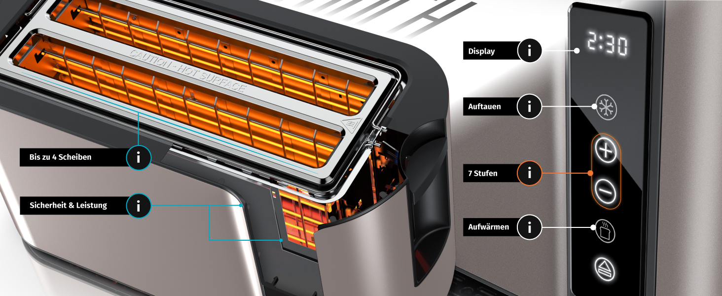 Тостер Arendo з нержавіючої сталі з 4 слотами, сенсорний екран, подвійні стінки, 1500 Вт, підставка для булочок, 7 рівнів підсмажування, центрування хліба, індикатор часу, пам'ять, колір: зелений (E) / тауп (F)