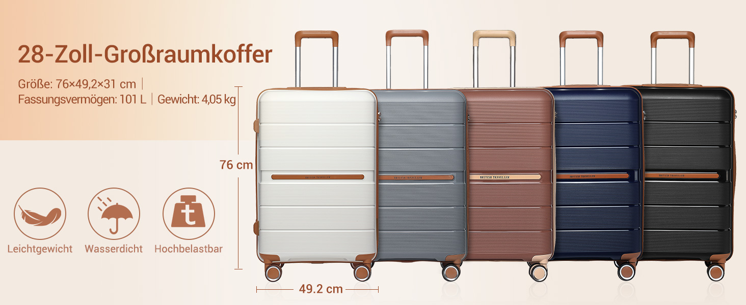 Чемодан British Traveller Mittelgroß: міцний валіза на 8 коліщатках з TSA-замком, 66 x 43.3 x 28.5 см, бежевий