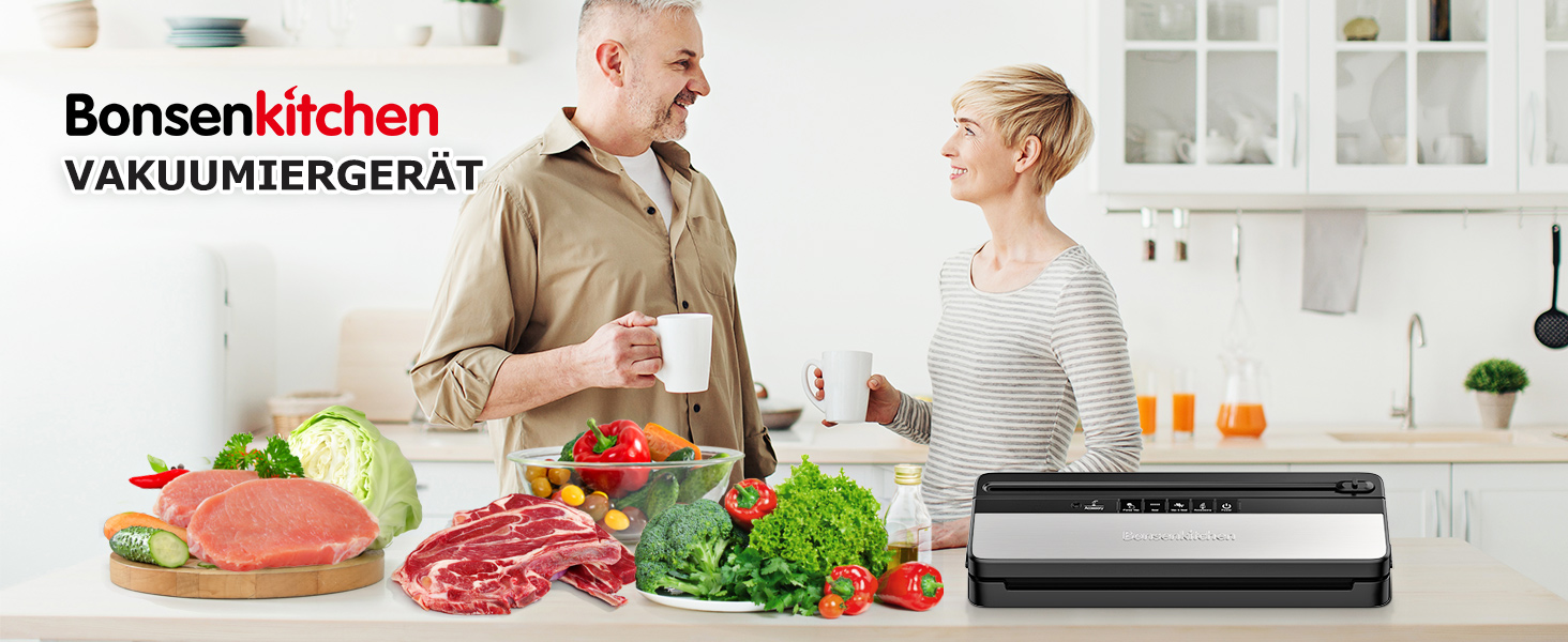 Bonsenkitchen Вакуумний пакувальник: для сухих та вологих продуктів, з вбудованим різаком, 1 рулон плівки, 50 професійних пакетів (Basic Black)
