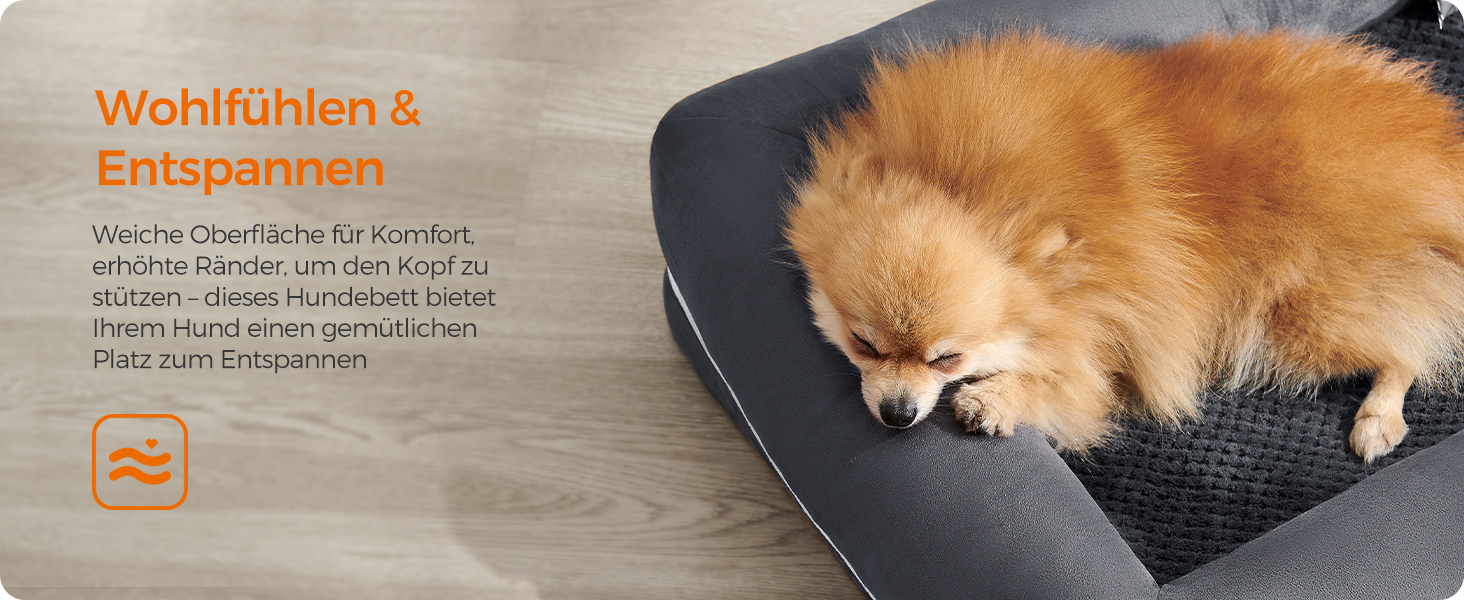 Feandrea Orthopedic Dog Bed, Dog Cushion, Dog Basket, Soft Padding, Dog Sofa, Raised Edges, Removable and Washable Cover, 91 x 71 x 20 cm, Non-Slip Bottom, PGW076G01 (L 76 x W 51 x H 18 cm, Dark Grey)