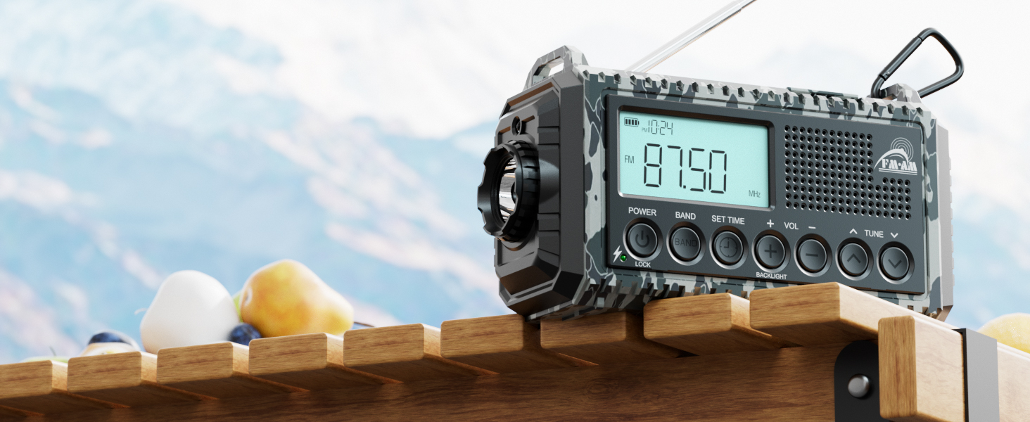 Радіоприймач AM/FM/SW для будівельних майданчиків, радіо з ручним приводом та світовим приймачем, радіо для надзвичайних ситуацій з роз'ємом Type C, Powerbank/SOS-сигнал/ліхтарик/лампа для читання/IPX4, портативне радіо для активного відпочинку, піших прогулянок, кемпінгу та будівництва (FM радіо, сірий камуфляж)