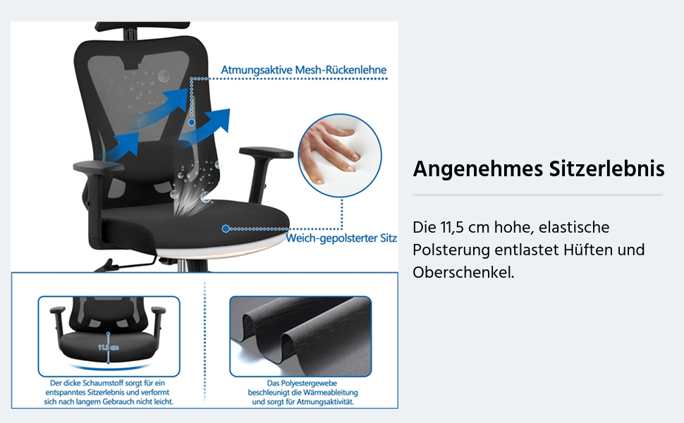 Офісне крісло Yaheetech з регульованою підголовником та поперековою підтримкою, дихаюча сітчаста спинка, широке сидіння, S-подібна спинка, поворотне на 360°, чорний