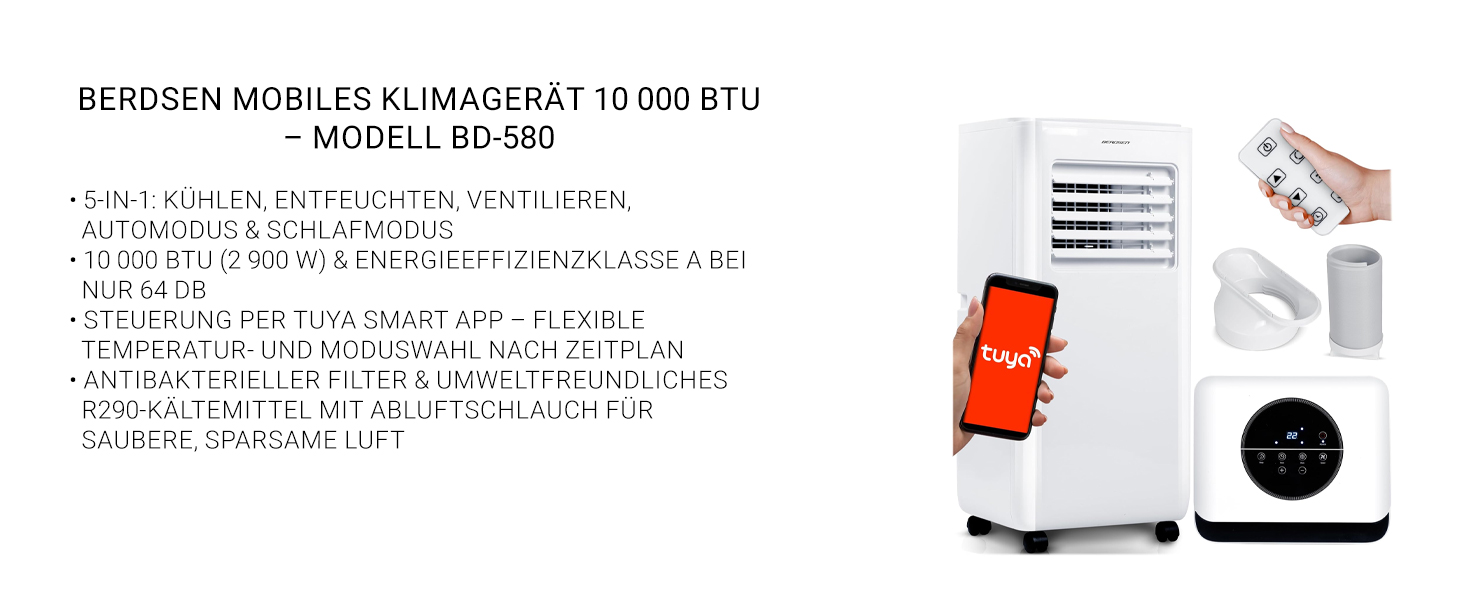 Мобільний кондиціонер Berdsen 5-в-1 10000 BTU: охолодження, осушення, вентиляція, авто- та нічний режими, керування Tuya Smart App, енергоефективний