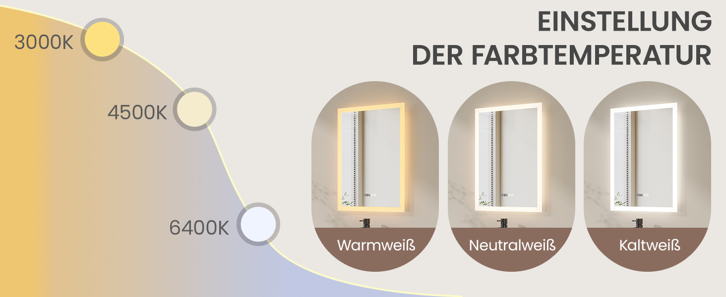 Дзеркало для ванної кімнати AQUABATOS з підсвічуванням 100x70 см LED, антизапар, сенсорне керування, 3 кольори світла, регулювання яскравості