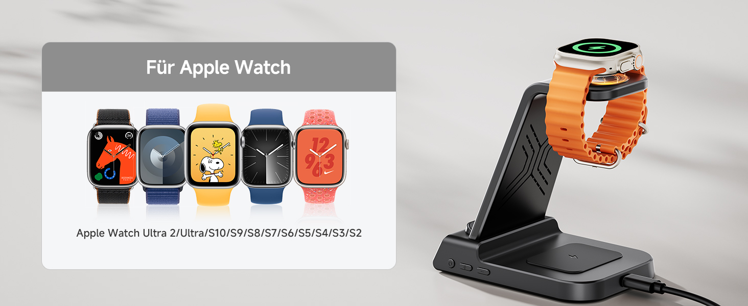 Бездротова зарядна станція 3-в-1 для Apple iPhone 16/15/14/13/12 Pro/Plus, Apple Watch Ultra 2/9/8/7/6/5, AirPods Pro/4/3/2 – Чорна