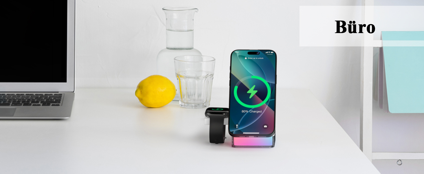 Бездротова зарядна станція 3-в-1 Minthouz Cube, швидка зарядка Qi 15W з багатокольоровою підсвіткою для iPhone 16, 15, 14, 13