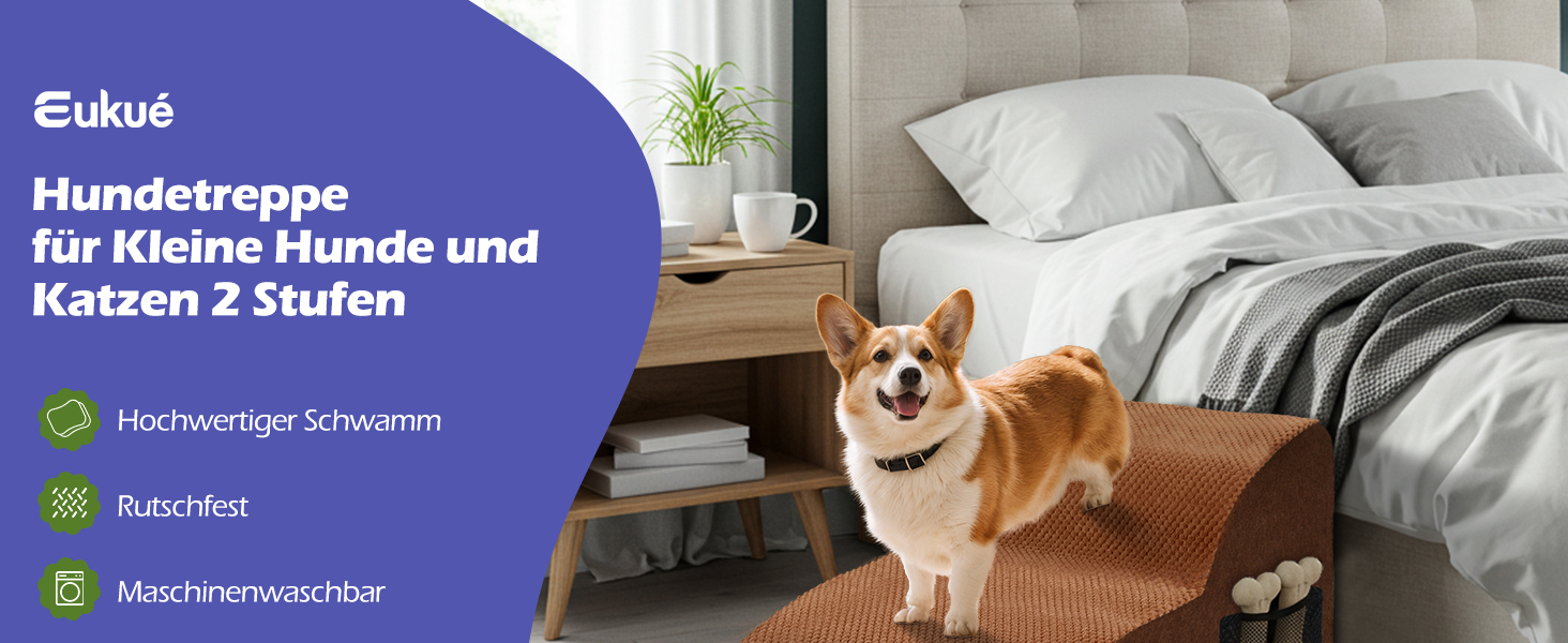 Сходинки для собак Eukue - 2 сходинки для маленьких собак, для ліжка та дивану, з високощільним пінополіуретаном, портативні, знімний, пральний чохол (білий) (коричневий)
