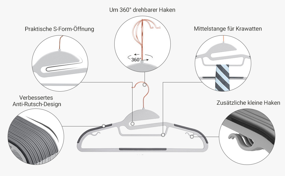 Набір вішалок SONGMICS 30 шт., для костюмів, з пластику, преміум-якість, антиковзаюче покриття, економія місця, 0,5 см товщина, гачок рожевого золота, поворот на 360°, ширина 41,5 см, світло-сірий + темно-сірий