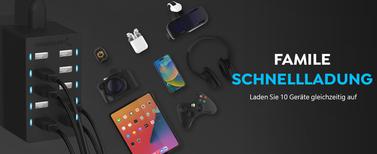 Зарядний пристрій Sabrent USB 60W, 10 портів, швидка зарядка для MacBook, ноутбуків USB-C, iPhone, Samsung Galaxy (AX-TPCS) - Чорний