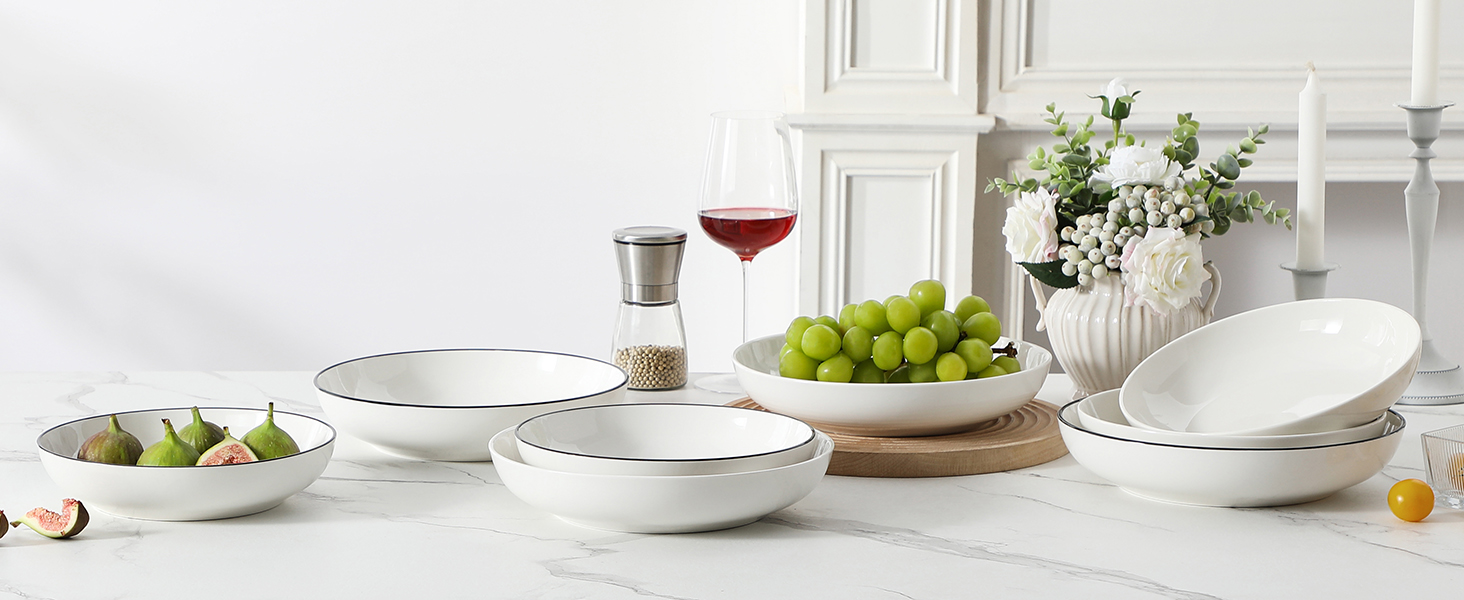 MALACASA Набір посуду 6 предметів: тарілки для пасти, супу, салату, сервірування. Глибокі тарілки для спагеті, велика супова миска. 1250 мл, білий з чорним обідком.