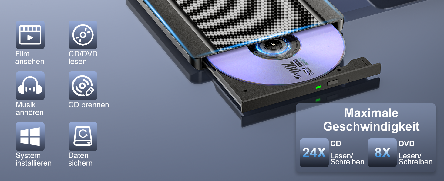 Зовнішній CD/DVD привід USB 3.0 та USB-C, ультратонкий оптичний накопичувач CD DVD +/-RW ROM для ноутбука, ПК, MacBook (Windows, macOS, Linux), чорний