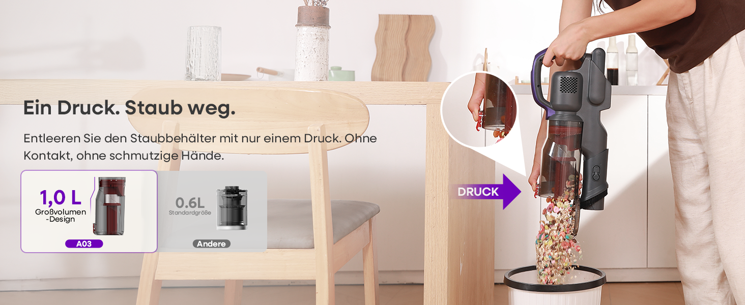 Бездротовий акумуляторний пилосос AlloyMove A03 Lila: потужність 450W, 45000Pa, LED, 60 хвилин роботи, для тварин, килимів, твердих поверхонь