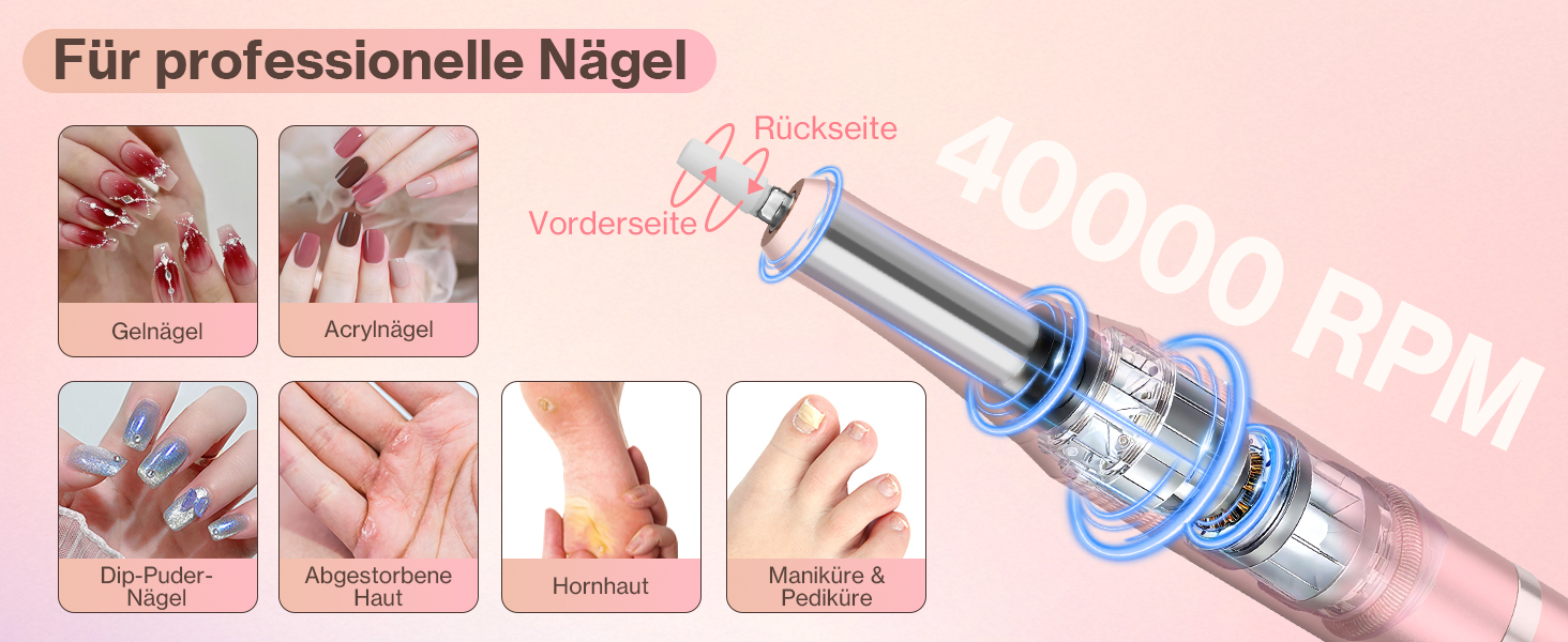 Електрична шліфувальна машинка для нігтів, професійна, 40000 об/хв, LCD, манікюр/педикюр, набір з багатофункціональною базою, рожевий