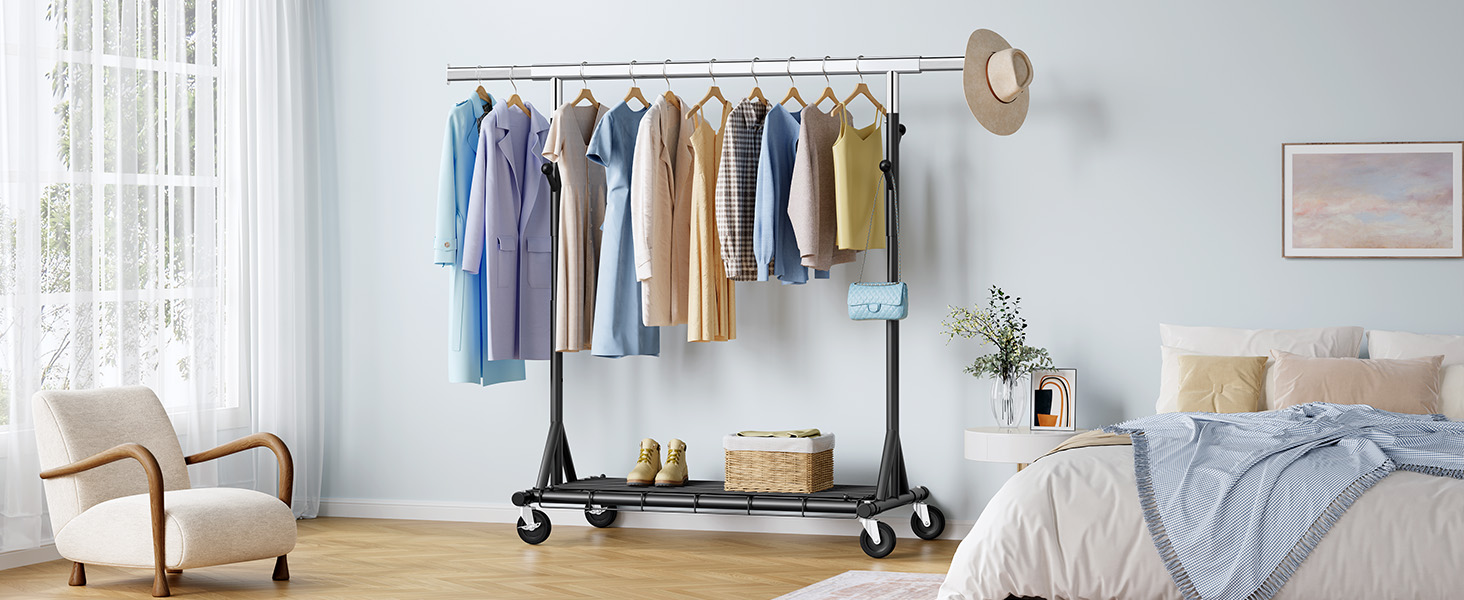 Легкий мобільний вішак для одягу на колесах FAVOOOSTY, металевий, до 200 кг, чорний, 1 стяжка