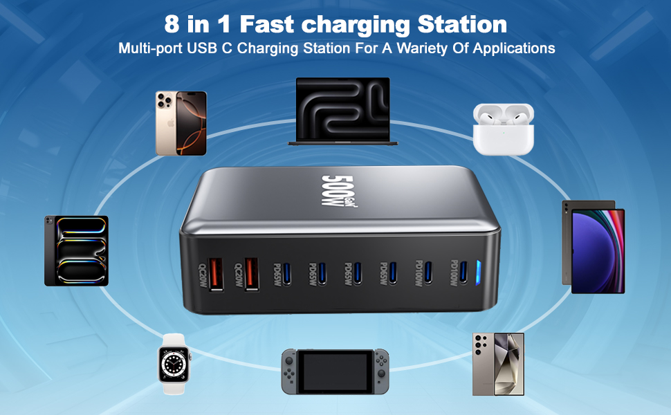 Зарядний пристрій USB-C 500W, 8 портів, GaN PD PPS, для MacBook Pro/Air, iPad, iPhone 15/16, Galaxy S23 - чорний