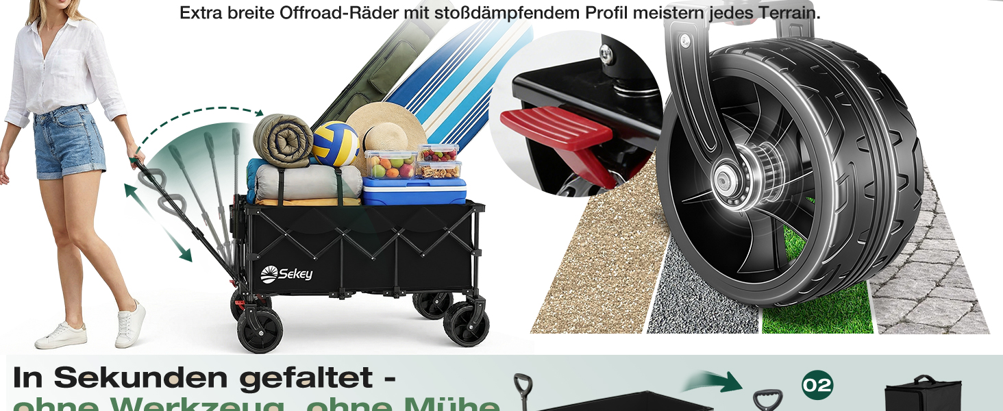 Вагон-тележка Sekey XXXL 300л, чорний. Складна, велика вантажопідйомність 200кг, широкі колеса для бездоріжжя, вантажопідйомність 200 кг.
